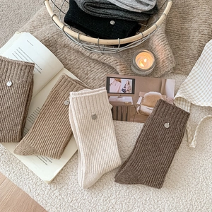 Detailed view of knitted wool socks with shell button accents and metallic charms