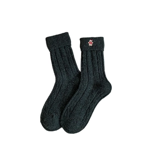 Thick black wool blend knit socks with cute Christmas bear embroidery and cable patterns