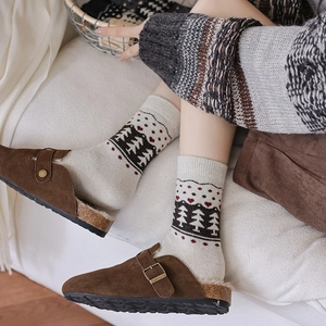 Detail of warm knit Christmas tree socks paired with fur-lined brown clogs