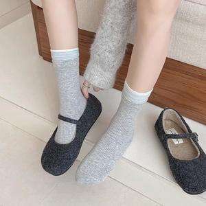 Japanese style grey striped mid-calf socks paired with wool Mary Jane flats and plush lining