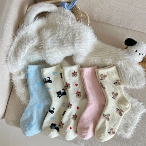 Coral Fleece Flauschige Wadenhohe Socken Japanisch Niedliche Cartoon Katze Bär Herz Verdickt Warm Winter Zuhause Schlaf Frauen