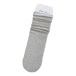 Japanese style grey ribbed cotton crew socks with blue elastic cuffs and paper tag