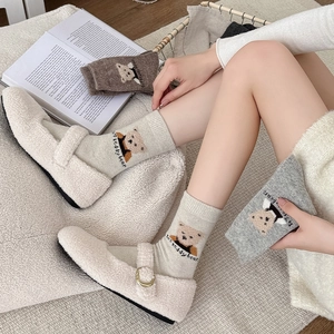 Cute teddy bear knit socks with warm fleece Mary Jane shoes for women autumn winter style