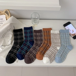 Chaussettes Mi-Mollet Vintage Écossais Pour Femmes Tricot En Mélange De Coton Style Rétro Britannique Japonais