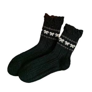 Vintage coffee-colored wool blend crew socks with sweet ruffle cuffs and white bow pattern