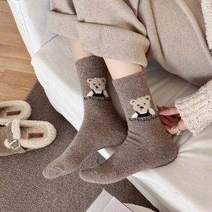 Cute brown teddy bear fleece wool mid-calf socks for women in cozy winter aesthetic