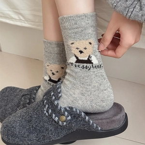 Light gray mid-calf socks with teddy bear pattern and Let's teddy bear text