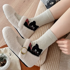 Cozy lamb wool Mary Jane shoes with cute cat and strawberry pattern socks