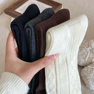 Close-up of thick knit knee-high socks featuring vertical ribbing and diamond patterns