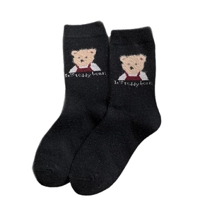 Cute black teddy bear embroidery thick mid-calf socks for women in soft knitted cotton