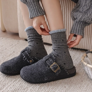 Retro grey wool felt clogs with metal buckle and matching polka dot crew socks