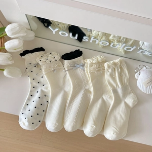 Damen Crew Socken Baumwolle Strick Rüschenrand Künstliche Perlen Schleife Punkte Süß Lolita Stil Japanisch Elegant Alltag