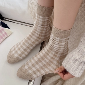 Sweet Korean style checkered crew socks for women featuring brown and white plaid pattern
