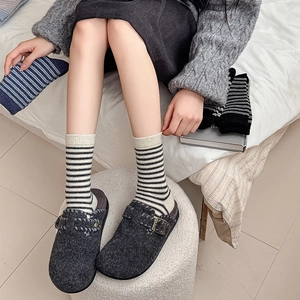 Chic striped wool blend crew socks with vintage ribbed cuffs for autumn and winter warmth