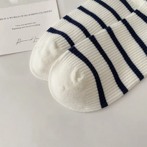 Detailed close-up of blue and white striped knitted socks with fine ribbed texture