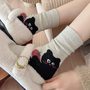 Cute cartoon cat and strawberry wool socks with warm fleece-lined slippers for winter