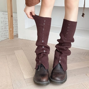Deep brown ribbed knit leg warmers with button decor for autumn winter styling