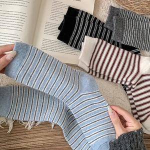 Detail showing the elastic ribbed cuff and soft knit texture of striped wool socks