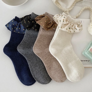 Damen Süß Blumen Rüschenmanschette Slouch Socken Polyester Winter Warm Einfarbig Strick Wadenhoch Socken Für Den Alltag