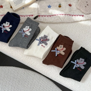 Detail of five-pair set of cute bear crew socks with bows and nice embroidery