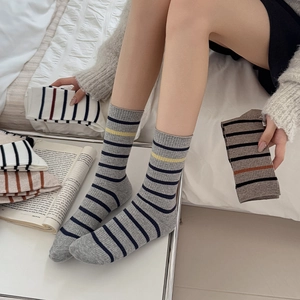Women Slouch Socks Striped Cotton Mid Calf Ribbed Breathable Japanese Style Casual Fashion Soft Hosiery