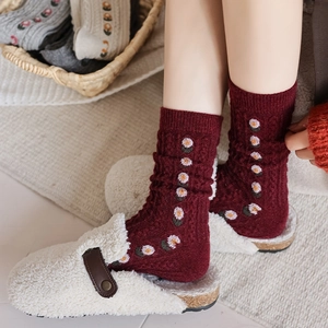 Chic burgundy wool socks with daisy embroidery and ribbed texture for autumn winter