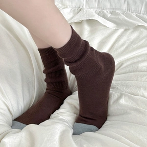 Japanese style deep brown and grey color blocking mid-calf knit socks for women