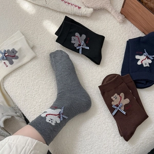 Cozy Japanese cartoon flocking bear mid-calf socks for women with navy plaid bows