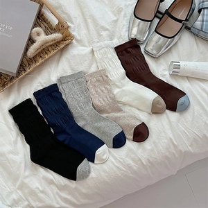 Women Crew Socks Cotton Blend Ribbed Color Block Contrast Toe Slouchy Mid Calf Knitted Autumn Winter Retro Style