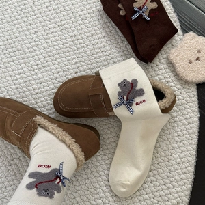 Japanese style warm wool socks with cute teddy bear embroidery and plaid bow detail