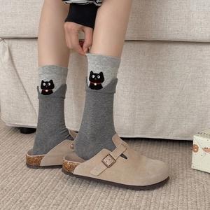 Deep grey knit mid-calf socks featuring a cute black cat embroidery and ribbed cuff design