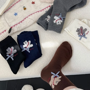 Cute Japanese cartoon bear socks with velvet bows in black, navy, and grey colors