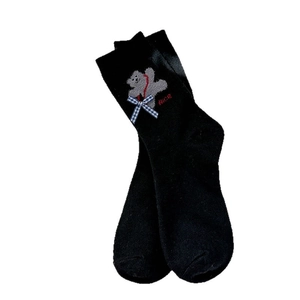 Cute black thermal crew socks with grey flocked bear and blue plaid bow decoration