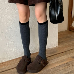 Japanese style dark grey knit wool calf socks with black trim and vintage aesthetic