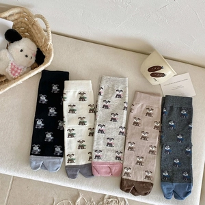 Japanese Style Cute Cartoon Dog Two-Toe Socks Cotton Blend Mid-Calf Breathable Hosiery For Women Girls