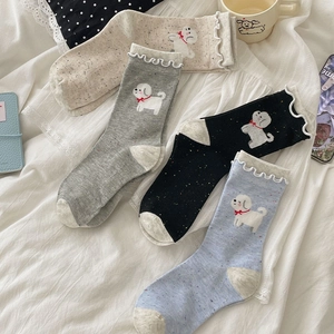 Women Crew Socks Cotton Blend Speckled Yarn Cartoon Dog Embroidery Ruffle Edge Sweet Kawaii Preppy Style Casual Hosiery
