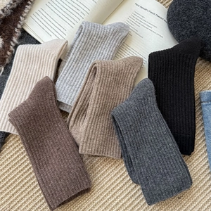 Detail of wool crew socks in six neutral colors with soft vertical ribbed texture