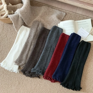 Women Knit Leg Warmers Ribbed Slouchy Socks With Distressed Fringed Edges Flared Japanese Style Warm Acrylic