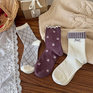 Chaussettes Mi-Mollet Femmes Coton Tricot Style Mori Girl Rétro Broderie Florale Bordure Dentelle Noeud Argyle Doux