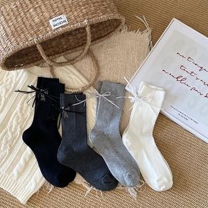Women Crew Socks Cotton Ribbed Knit Ribbon Bow Rhinestone Sweet Style Solid Color Breathable Soft Fashion Hosiery