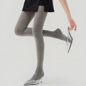 Slimming grey ribbed knit tights for women with elegant vertical stripe pattern