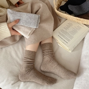 Thick wool ribbed crew socks in earth tones for women, stylish cozy winter warm knitwear