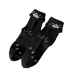 Cute black cotton cat thermal socks with white kitten ears and gray paw prints