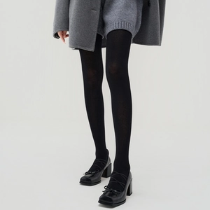 Close-up of black knitted tights showing the fine fabric texture and elastic fit