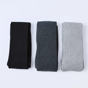 Detailed knit texture of vertical ribbed leggings in black, dark gray and light gray tones