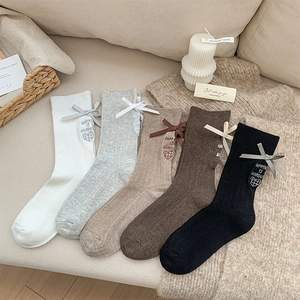Women Crew Socks Cotton Ribbed Ribbon Bow Heart Letter Embroidery Sweet Preppy Style Mid Tube Hosiery