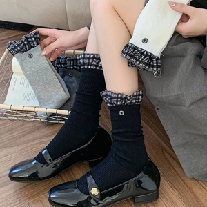 Japanese style ruffle edge crew socks with vintage buttons in neutral color tones