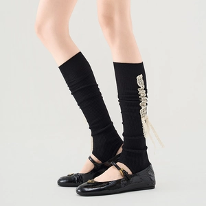 Damen Strick Beinstulpen Süße Spitze Bogen Steigbügel Waden Socken Japanischer Stil Baumwollmischung