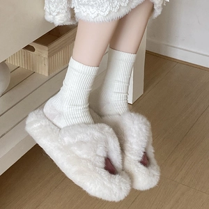 Plush cross-strap home slippers in cream white paired with warm white ribbed socks