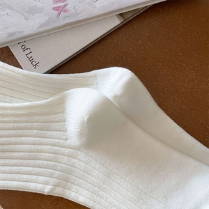 Close-up of white ribbed knit crew socks with delicate vertical stripe texture and heel detail